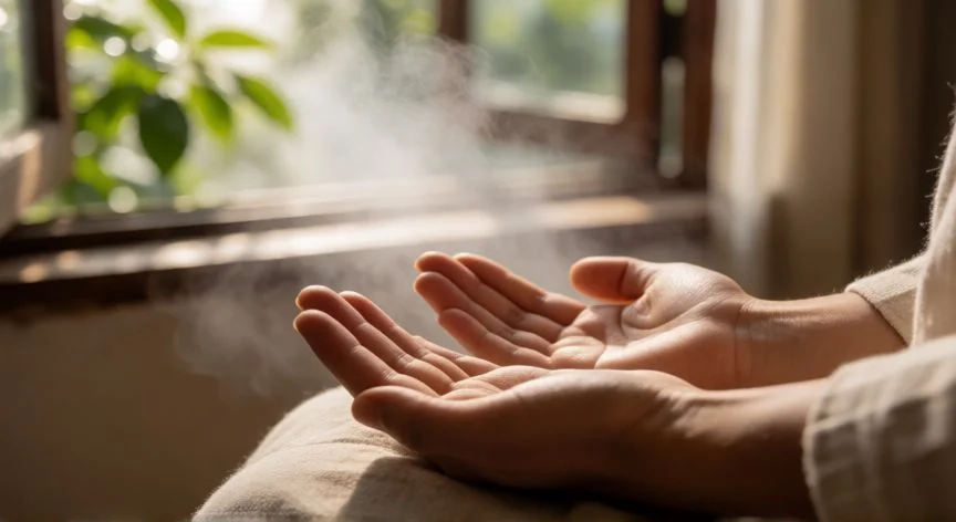 mejor forma de meditar, Manos en posición de meditación sobre las rodillas con fondo natural difuminado