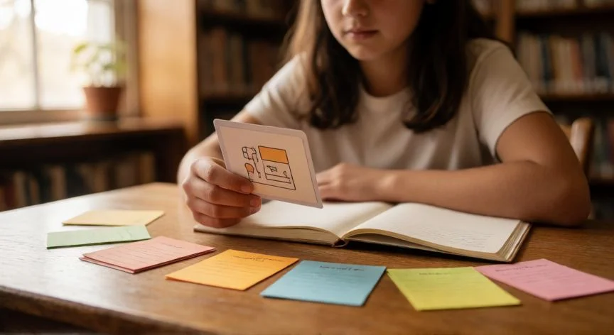 Estudiante usando tarjetas de repetición espaciada en una biblioteca