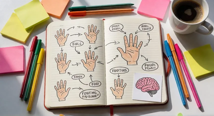 mejor forma de memorizar, Mapa mental dibujado a mano con notas adhesivas en una mesa de estudio