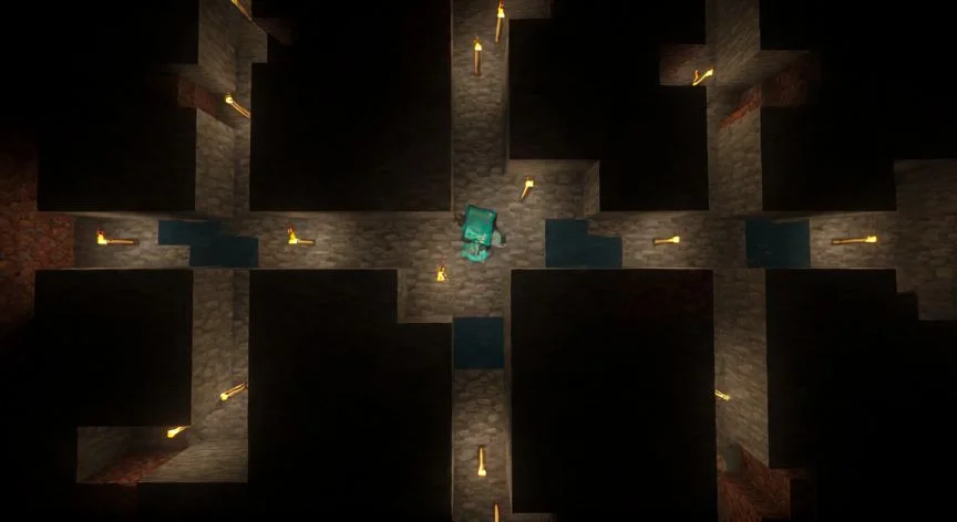 mejor forma de minar en minecraft, Vista cenital de sistema de túneles de minado en cuevas profundas de Minecraft