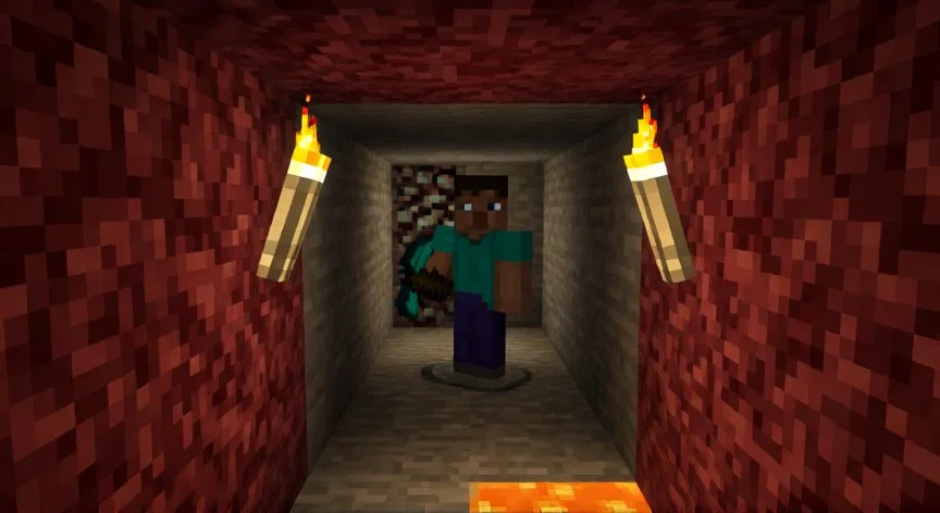 mejor forma de minar netherita, Jugador minando escombro antiguo en un túnel del Nether a nivel Y=15