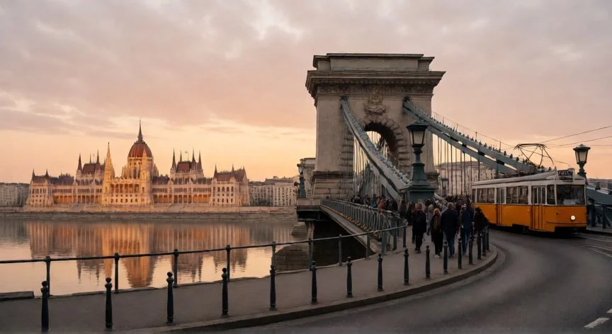 Vista del Puente de las Cadenas y el Parlamento de Budapest al atardecer con tranvía histórico