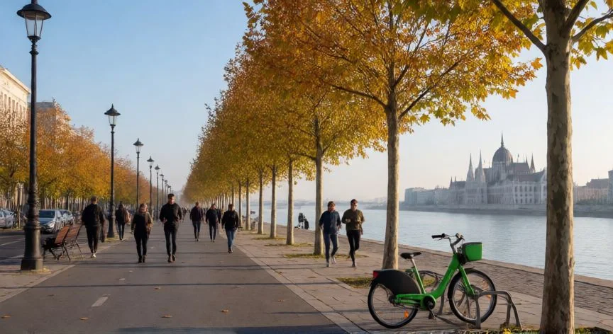 mejor forma de moverse en budapest, Paseo fluvial Dunakorzó en otoño con bicicletas públicas y vista hacia el Parlamento