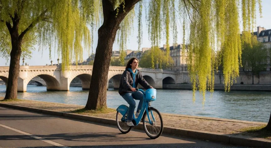 mejor forma de moverse por paris, Bicicleta pública Vélib' circulando por la orilla del Sena en París en una mañana de primavera