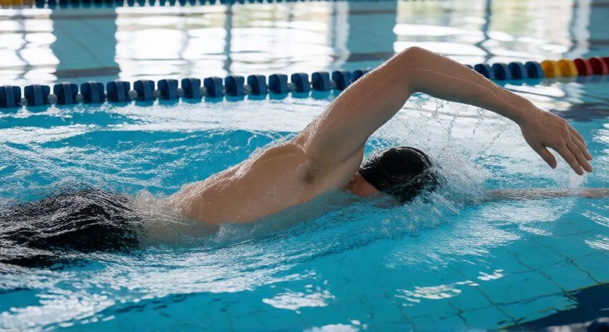 mejor forma de nadar, Nadador ejecutando crol con posición horizontal correcta y patada de seis toques