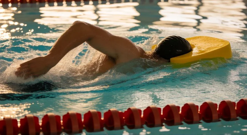 mejor forma de nadar para adelgazar, Nadador usando pull buoy para entrenar tren superior en piscina