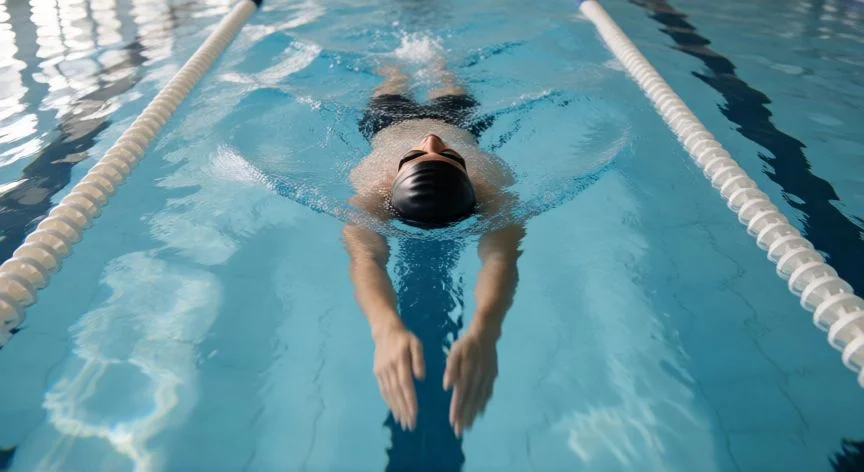 mejor forma de nadar para la espalda, Nadador de espaldas con cabeza neutra sobre el agua en piscina interior