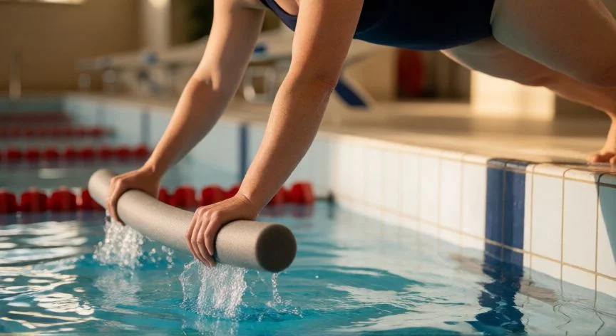 mejor forma de nadar para la espalda, Ejercicio de plancha con tabla en el borde de la piscina para fortalecer el core