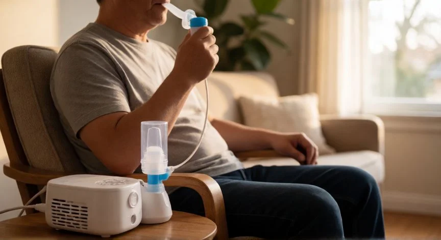 mejor forma de nebulizar, Hombre adulto nebulizando en posición sentada con nebulizador de malla en su casa