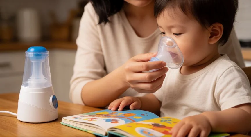 mejor forma de nebulizar, Madre colocando mascarilla de nebulización pediátrica en su niño mientras lee un cuento