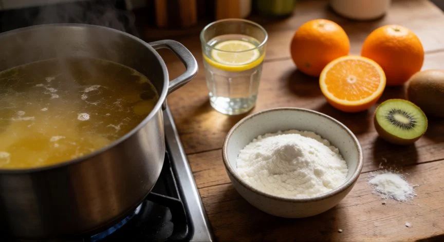 mejor forma de obtener colageno, Caldo de huesos y suplemento de colágeno con vitamina C sobre mesa de madera