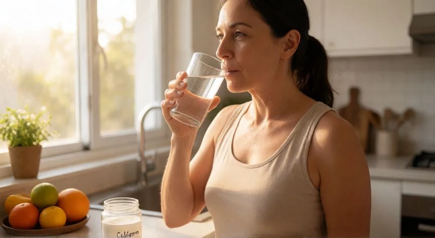 mejor forma de obtener colageno, Mujer tomando suplemento de colágeno en ayunas con luz natural de cocina