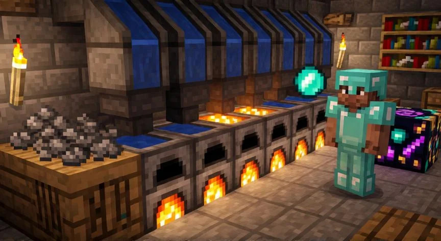 mejor forma de obtener experiencia en minecraft, Estación de cocción y encantamiento en Minecraft con hornos de soplado y tabla de encantamientos