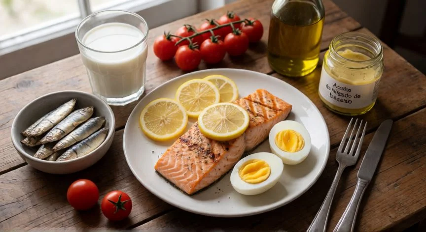 mejor forma de obtener vitamina d, Plato variado con salmón, sardinas, huevos y aceite de hígado de bacalao sobre mesa de madera