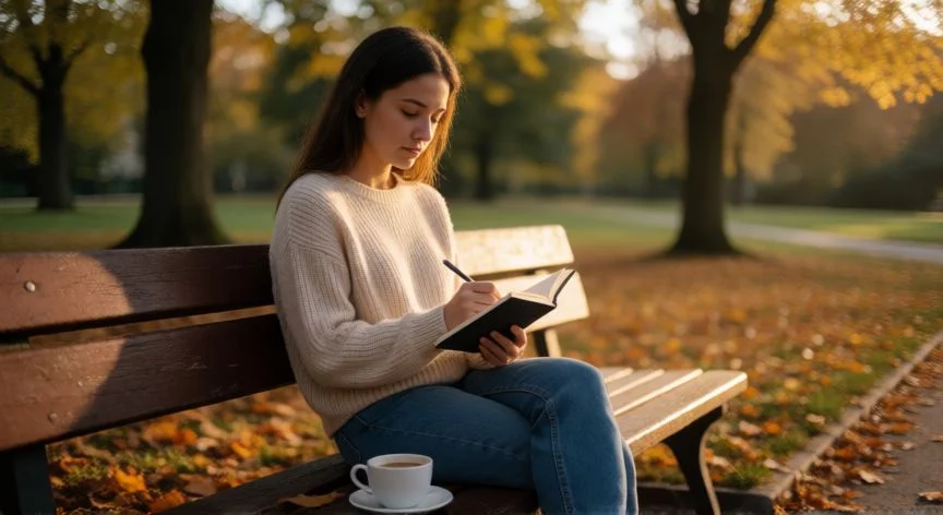 mejor forma de olvidar a alguien, Mujer escribiendo en un diario en un parque al atardecer
