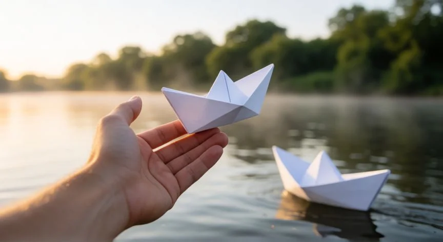 mejor forma de olvidar a alguien, Manos soltando un barquito de papel en un río al amanecer