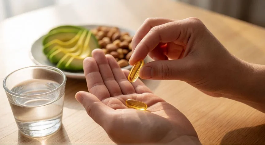 mejor forma de omega 3, Cápsula de omega 3 en la mano con comida saludable de fondo