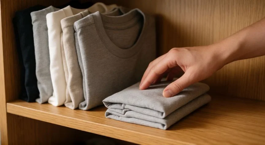 mejor forma de organizar armario, Método de plegado vertical KonMari aplicado a camisetas en una estantería