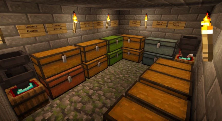 mejor forma de organizar cofres en minecraft, Sótano de almacenamiento en Minecraft con cofres organizados por categorías y barriles etiquetados