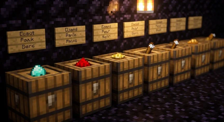 mejor forma de organizar cofres en minecraft, Fila de barriles y cofres en Minecraft con etiquetas y contenido visible