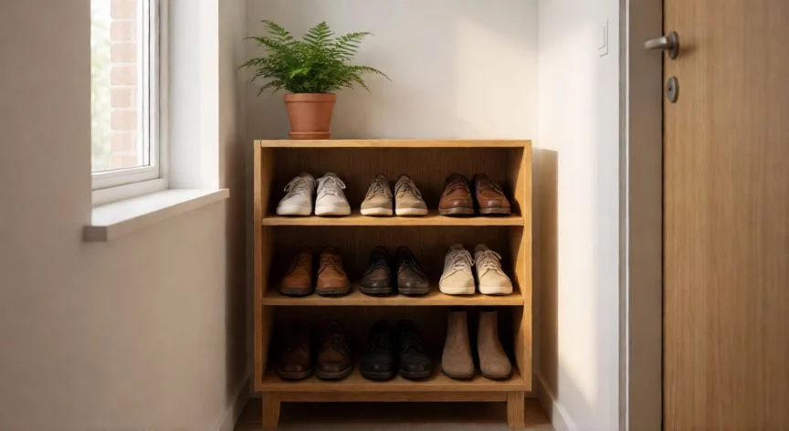 Estantería de madera de tres niveles con zapatos organizados en un vestíbulo escandinavo