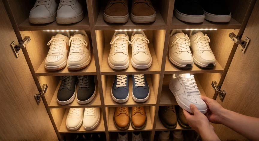mejor forma de organizar zapatos, Pared de huecos encastrados con zapatillas y botas iluminadas por LED en un armario