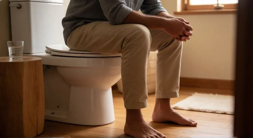 Hombre orinando sentado con postura relajada en el baño