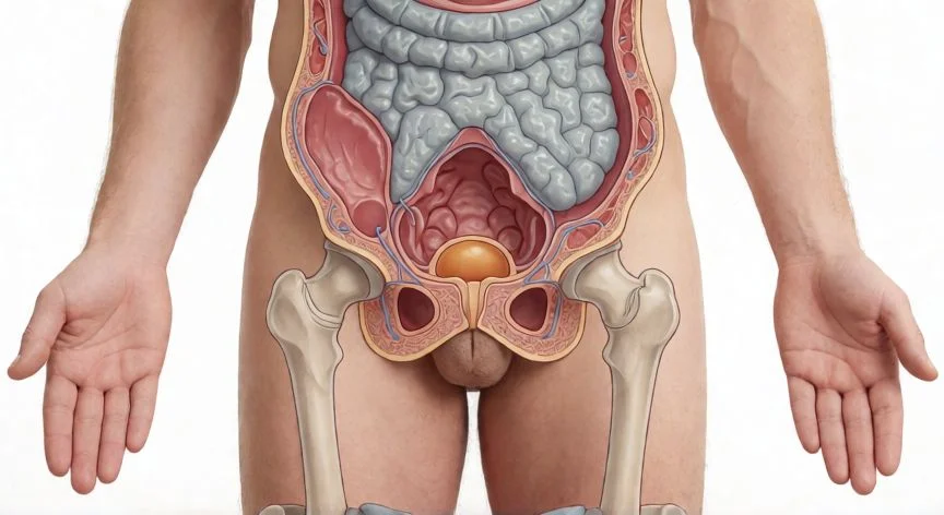 mejor forma de orinar para el hombre, Esquema anatómico de vejiga y próstata masculina