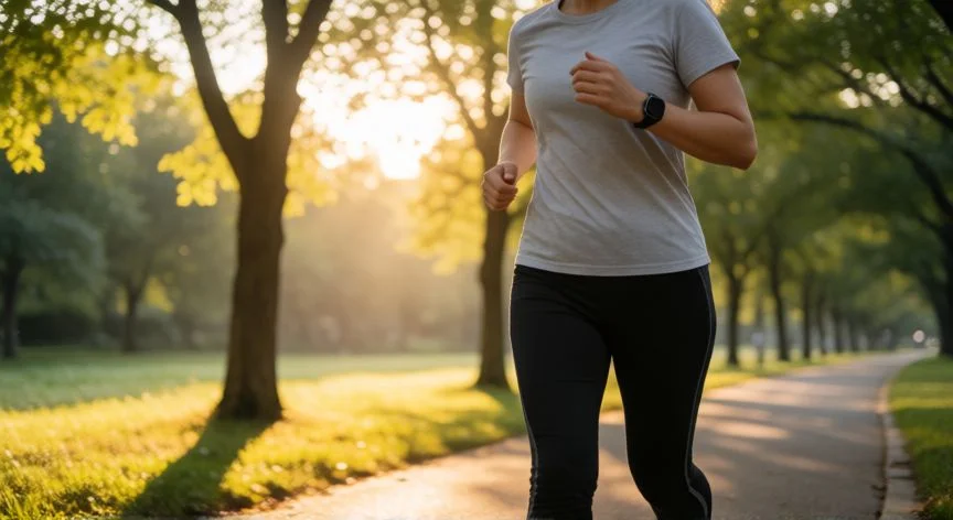 mejor forma de oxidar grasa, Persona corriendo al trote en un parque a intensiudad moderada en la mañana