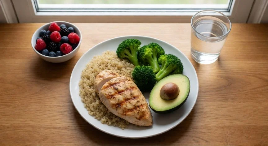 mejor forma de oxidar grasa, Plato equilibrado con proteína, carbohidratos integrales y verduras para el déficit calórico