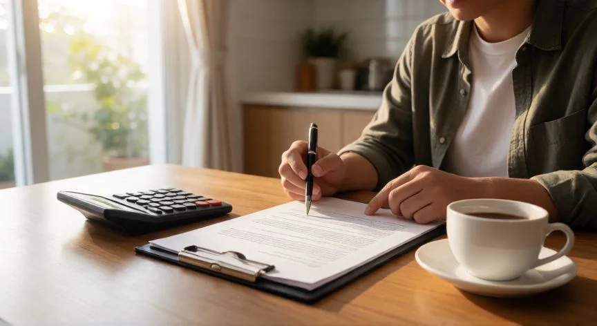 mejor forma de pagar un coche, Persona revisando contrato de financiación de un coche en su cocina