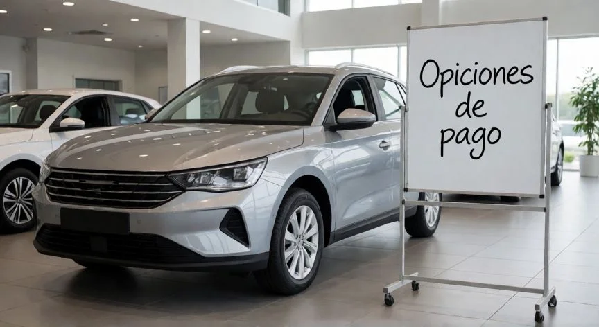 mejor forma de pagar un coche, Coche nuevo en concesionario con pizarra de opciones de pago