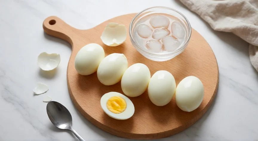 mejor forma de pelar un huevo duro, Huevos duros perfectamente pelados sobre tabla de madera