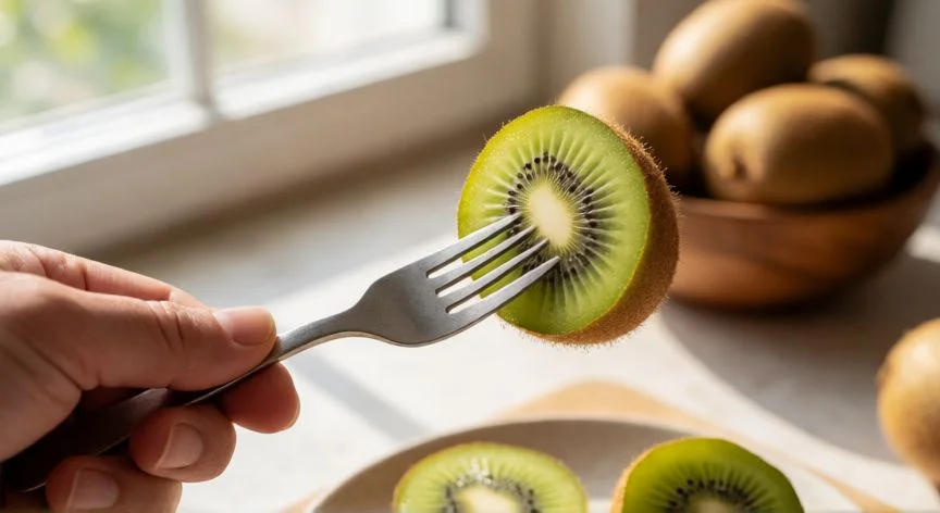 mejor forma de pelar un kiwi, Truco de la horquilla para pelar un kiwi entero en segundos con un giro