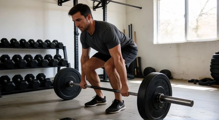 mejor forma de perder grasa abdominal, Hombre realizando peso muerto con barra en un gimnasio para entrenamiento de fuerza