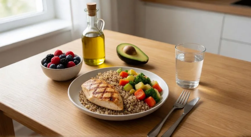 mejor forma de perder peso, Plato equilibrado con proteína, verduras y granos integrales sobre mesa de madera