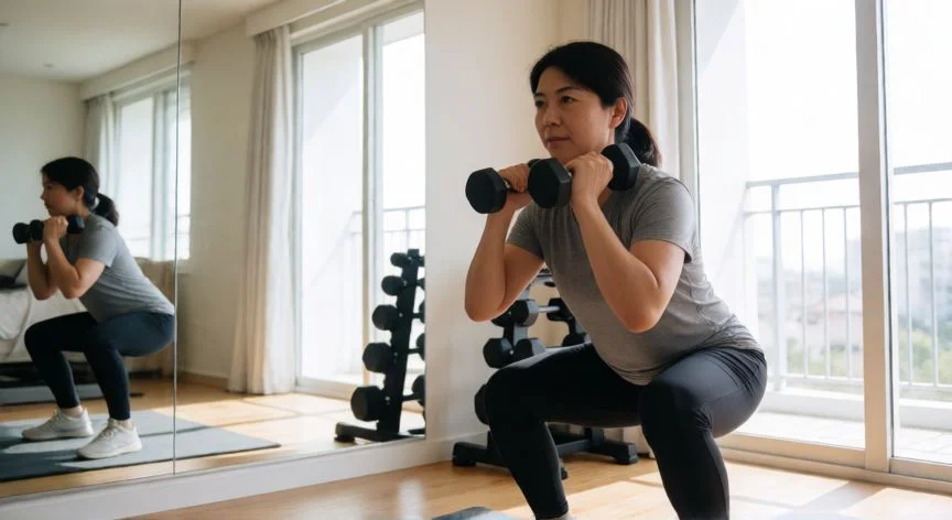 mejor forma de perder peso, Persona haciendo sentadillas con mancuernas en un gimnasio casero