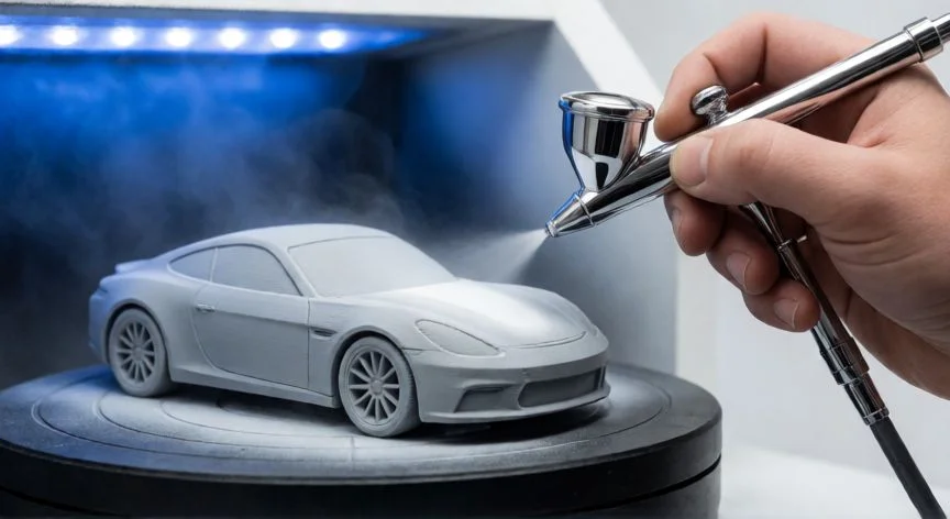 mejor forma de pintar impresiones 3d, Mano aplicando pintura blanca con aerógrafo sobre modelo de coche imprimado en gris