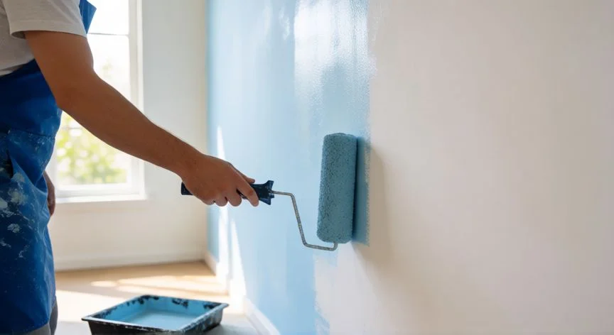 mejor forma de pintar paredes, Persona pintando una pared con rodillo en una habitación luminosa