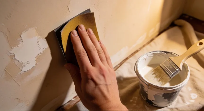 mejor forma de pintar paredes, Manos lixando una pared con papel de lija antes de aplicar imprimación