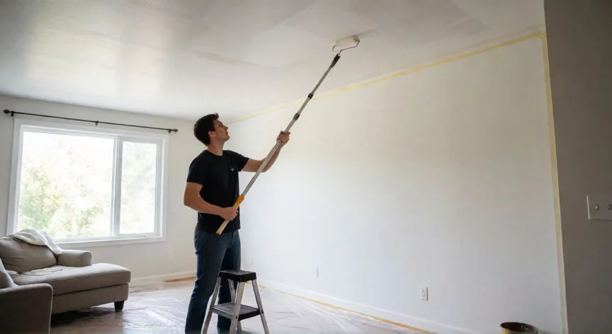 Persona pintando un techo con bastidor telescópico y rodillo en una habitación preparada