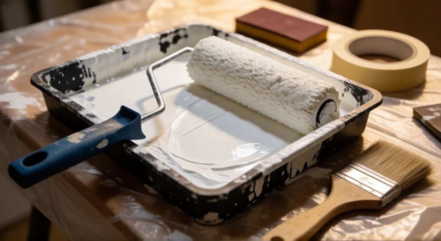 mejor forma de pintar un techo, Materiales de pintura para techo: bandeja, rodillo y brocha angular listos para usar