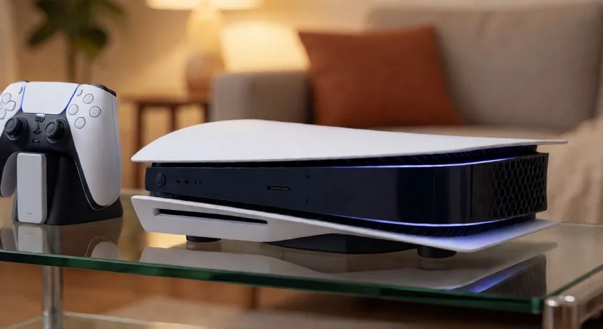 mejor forma de poner la play 5, PS5 en posición horizontal sobre estantería de vidrio con pies de goma y mando en dock