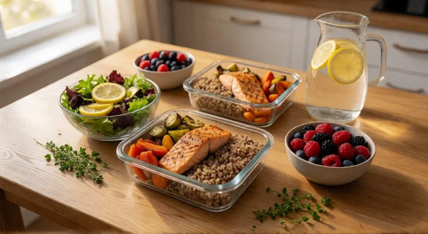 mejor forma de quemar grasa abdominal, Meal prep saludable con salmón, quinoa, verduras asadas y ensalada en recipientes de cristal