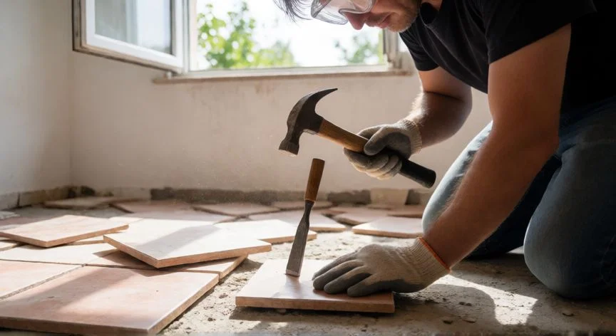 mejor forma de quitar azulejos suelo, Persona retirando un azulejo de suelo con cincel y mazo usando protección ocular y guantes