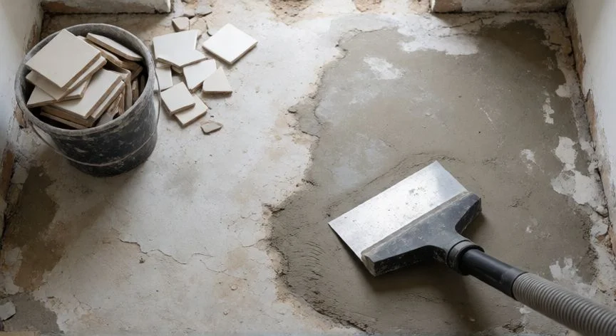 mejor forma de quitar azulejos suelo, Suelo de hormigón expuesto tras retirar azulejos, con raspador y aspiradora de construcción