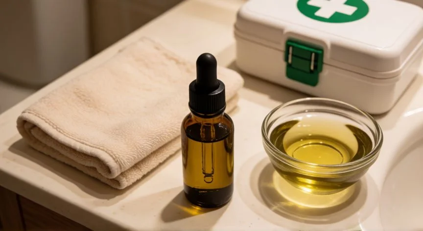 mejor forma de quitar cera del oido, Kit de higiene auricular casera con aceite de oliva y paño limpio sobre la encimera del baño
