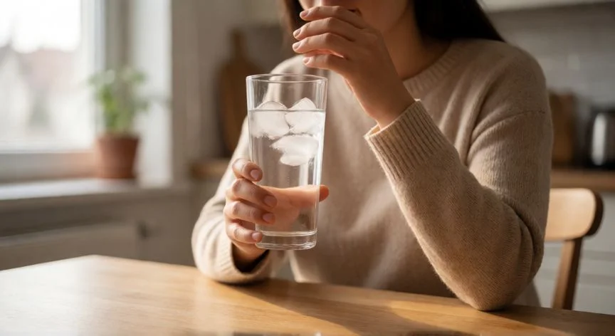 Persona bebiendo agua fría a sorbos pequeños para quitar el hipo