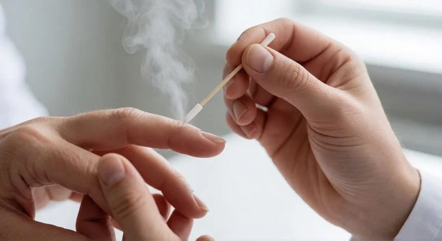 Dermatólogo aplicando nitrógeno líquido para tratar una verruga en el dedo