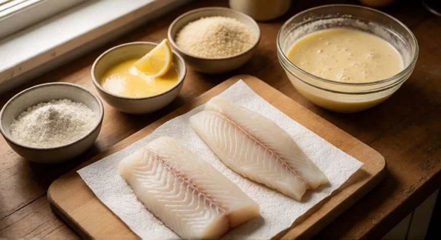 mejor forma de rebozar pescado, Preparación del rebozado: filetes de pescado, harina, huevo y pan rallado en bowls